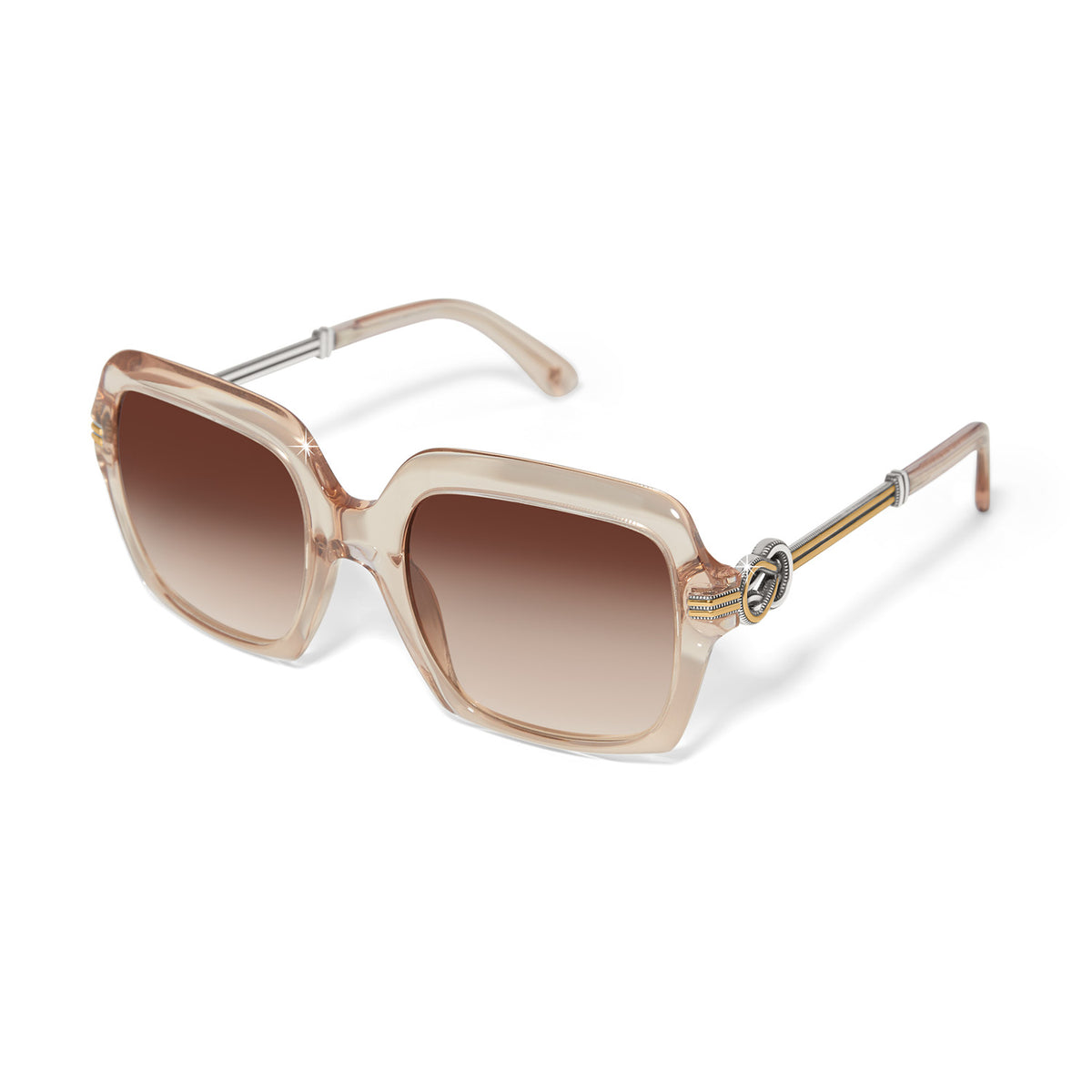 Square pink sunglasses with silver plated accents offering UV protection