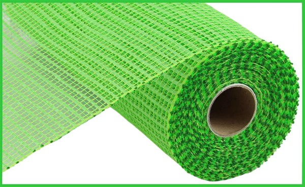 Roll of lime green polypropylene mesh ribbon with a wide horizontal stripe pattern.
