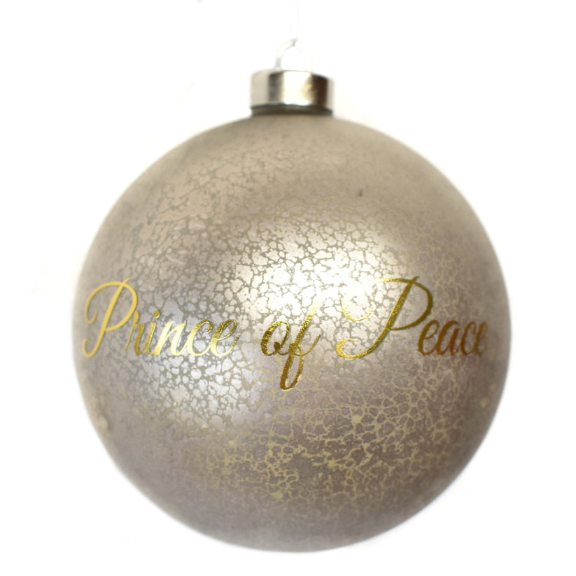 4.75-inch glass ball ornament featuring the 'Prince of Peace' quote in white text on a clear background.