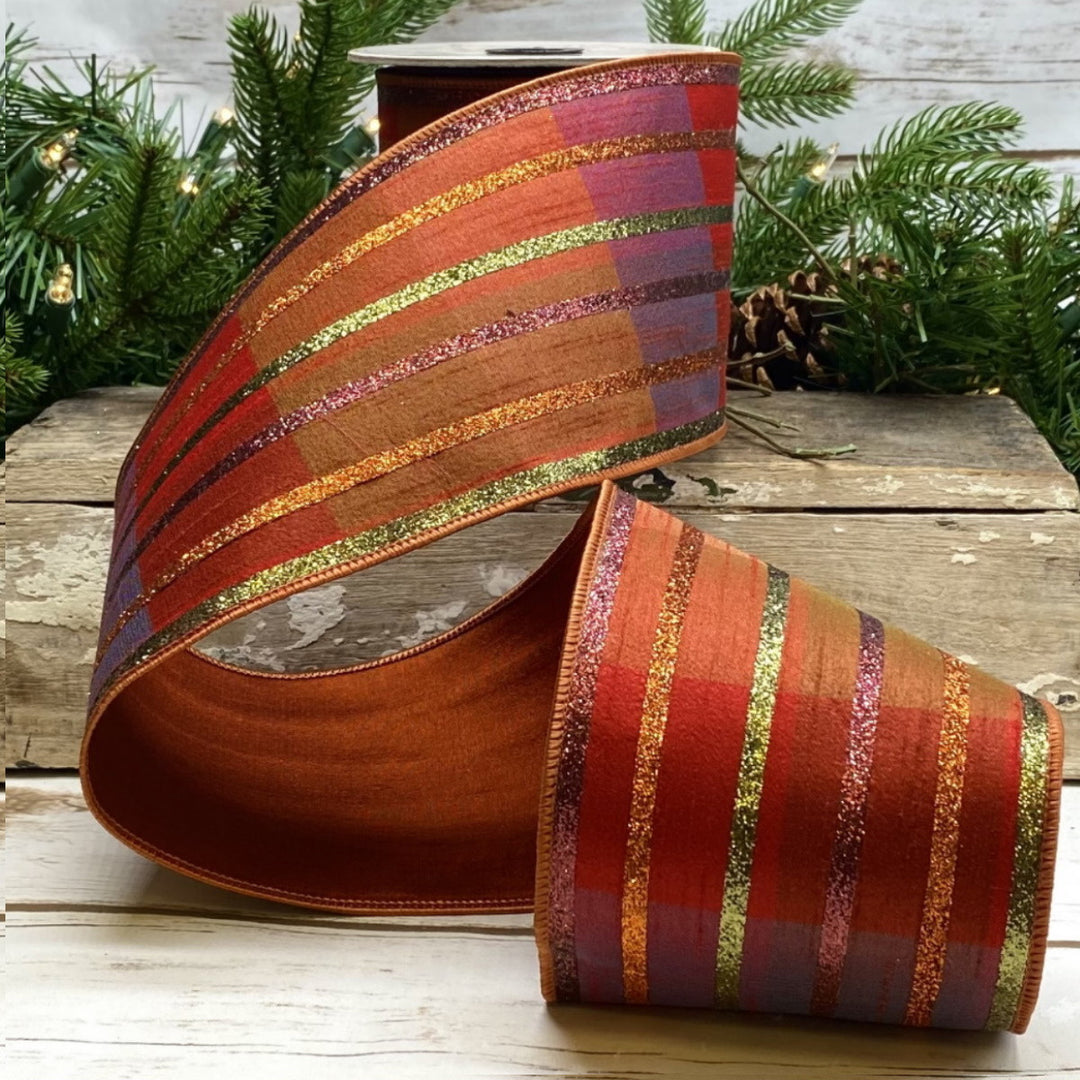 Autumn orange faux dupion ribbon with fall plaid glitter stripe pattern