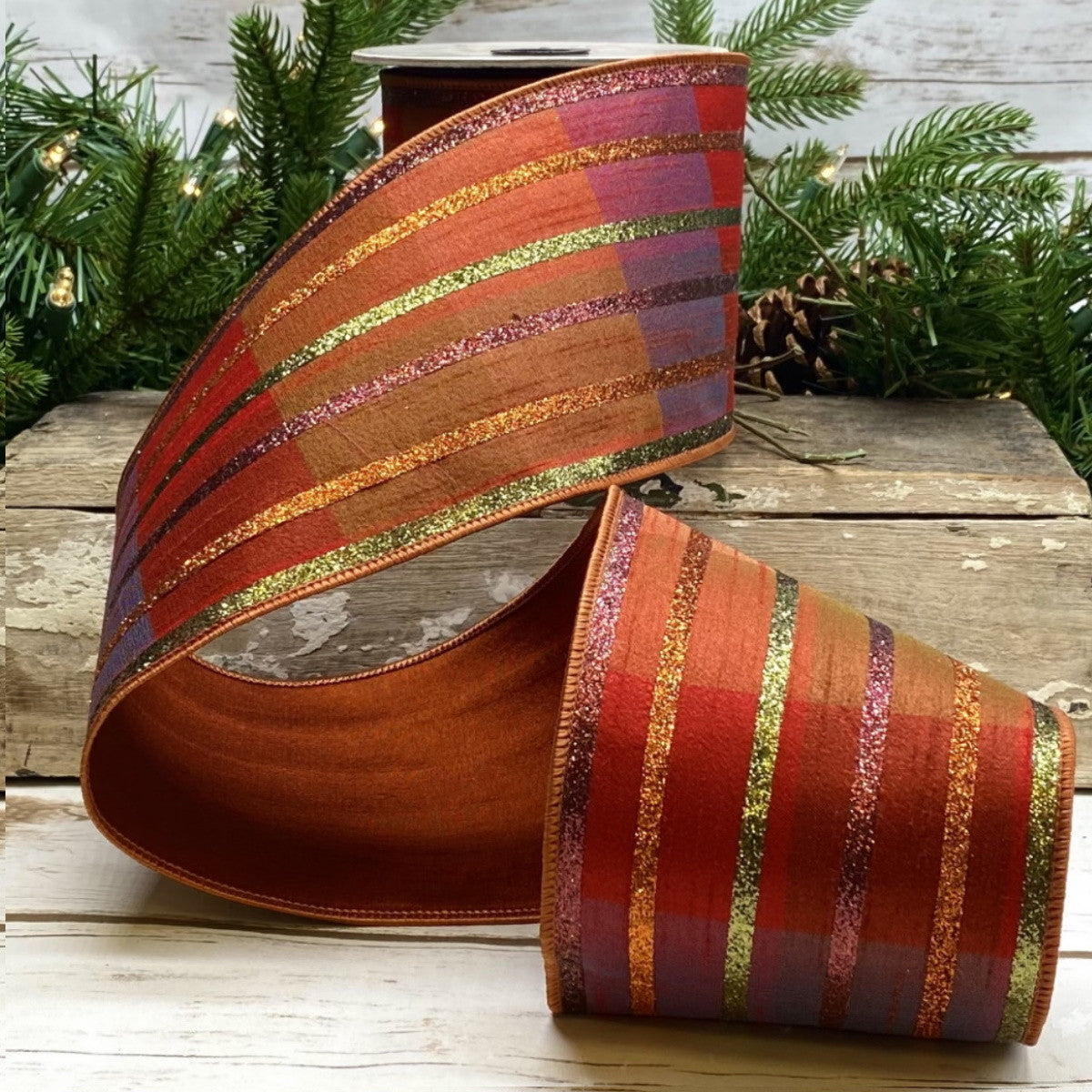 Autumn orange faux dupion ribbon with fall plaid glitter stripe pattern