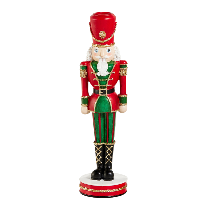 10-inch red and green nutcracker candlestick holder made of resin with gold accents.