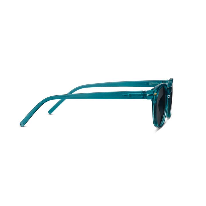 Boho Reading Sun sunglasses with polycarbonate frames in teal smoke lenses featuring spring hinges and UV400 protection.