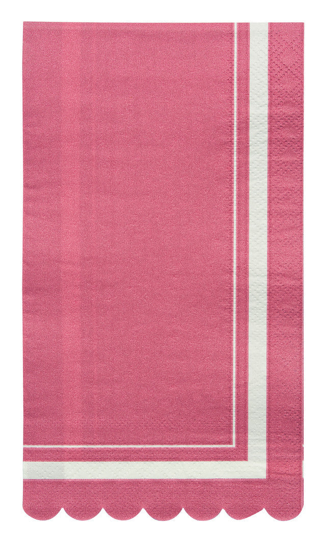 Pink guest towel napkin with a white border and a scalloped bottom edge.