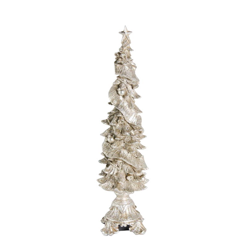 Glittered resin champagne Christmas tree with star topper, ribbon accents, and ornate pedestal base.