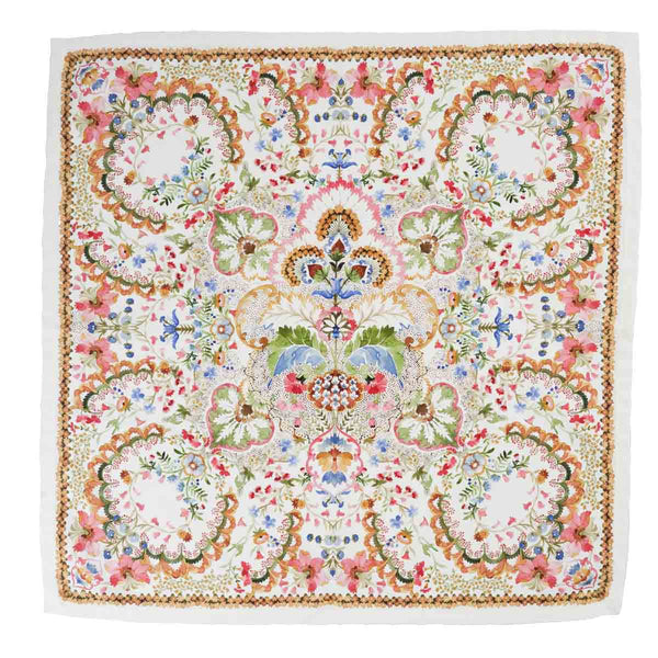 Sofia Napkin in Multi featuring a vibrant floral and botanical pattern on white cotton fabric.
