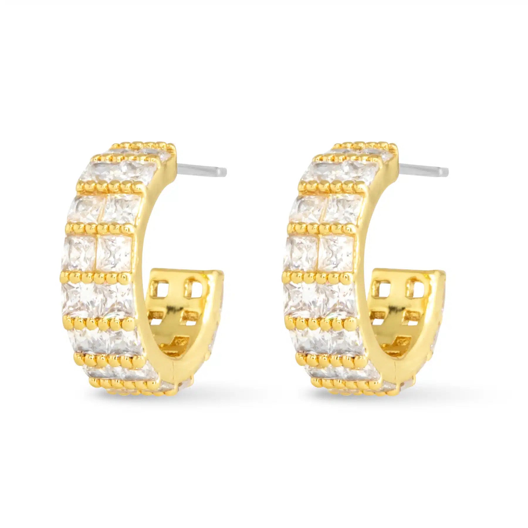 Gold double-wide hoop earrings featuring two rows of square-cut clear cubic zirconia stones.