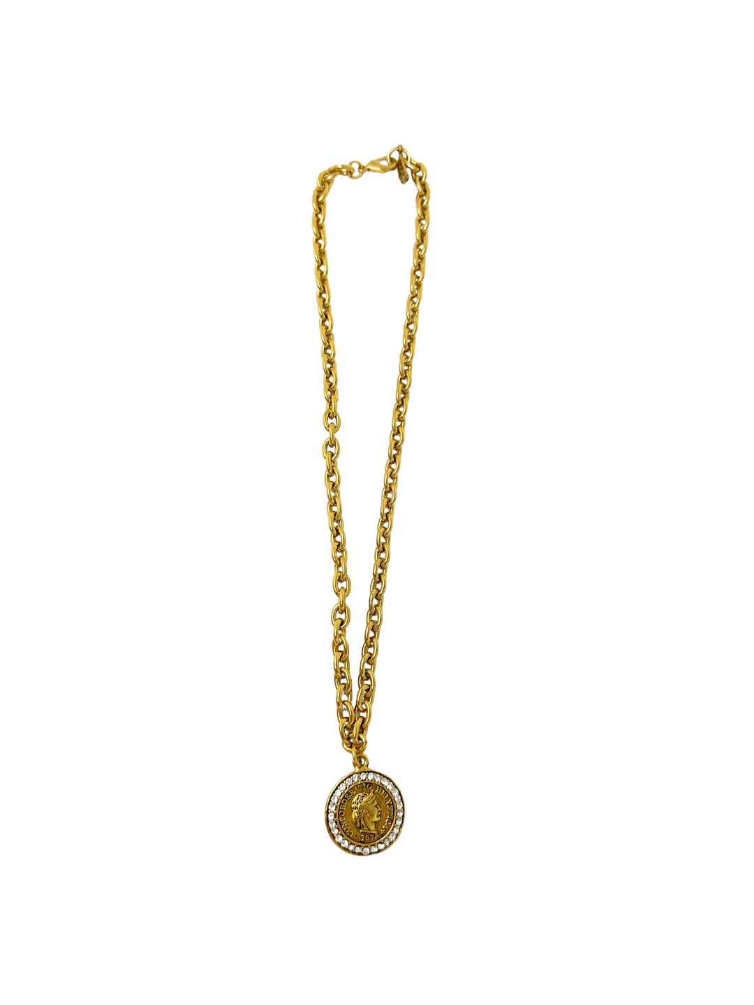 17-inch gold chain necklace featuring a coin pendant encircled by clear rhinestones.