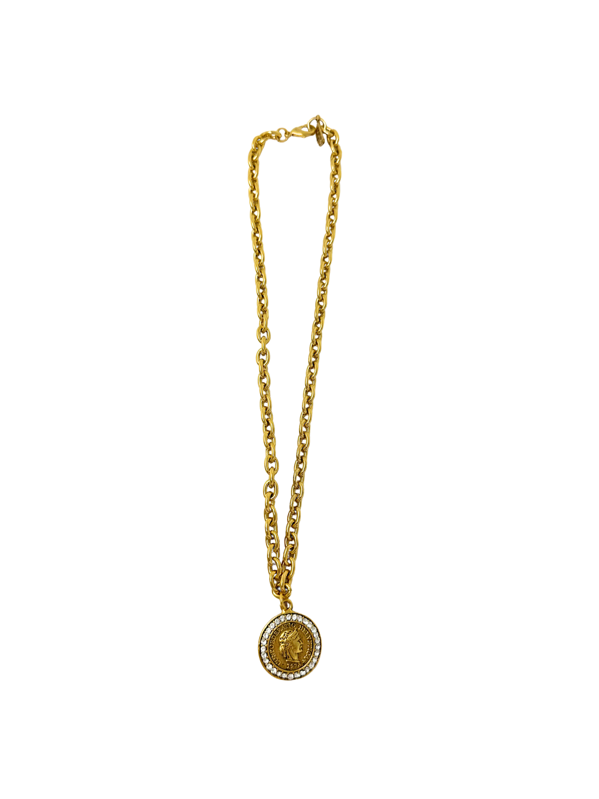17-inch gold chain necklace featuring a coin pendant encircled by clear rhinestones.