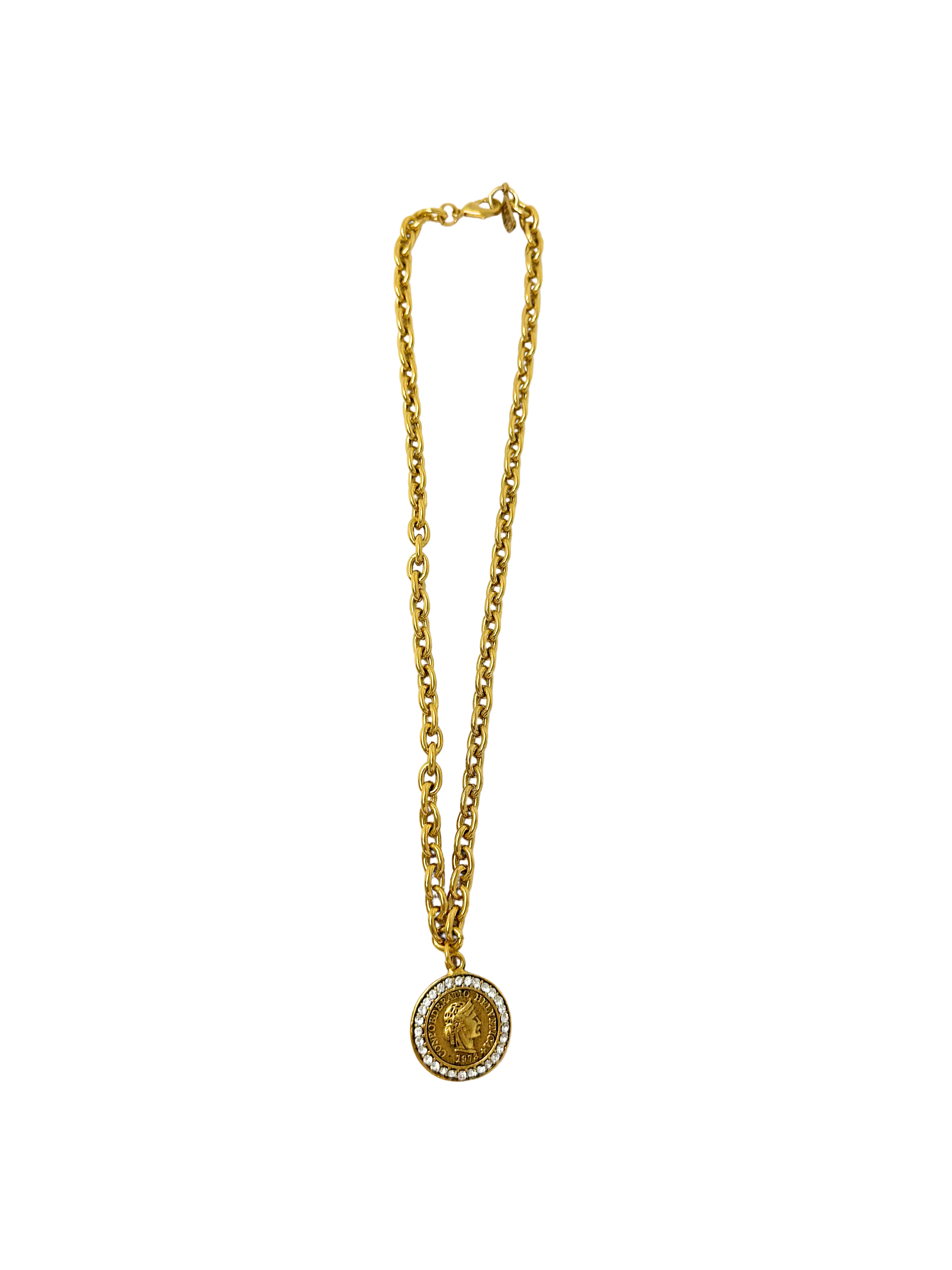 17-inch gold chain necklace featuring a coin pendant encircled by clear rhinestones.