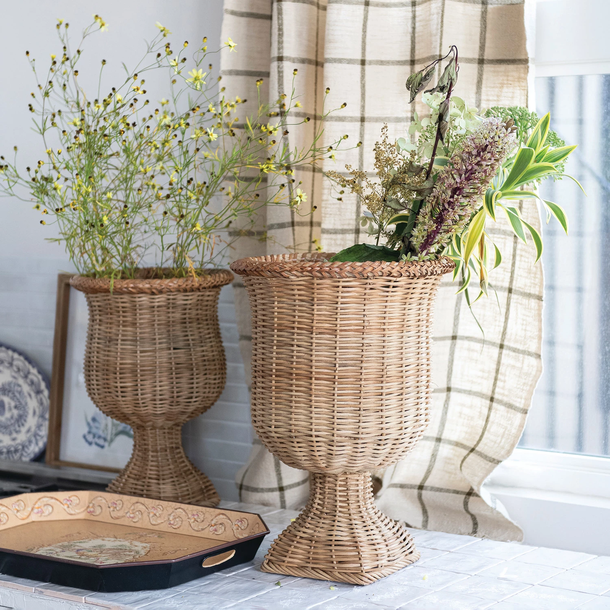 Round woven rattan urn with natural brown finish