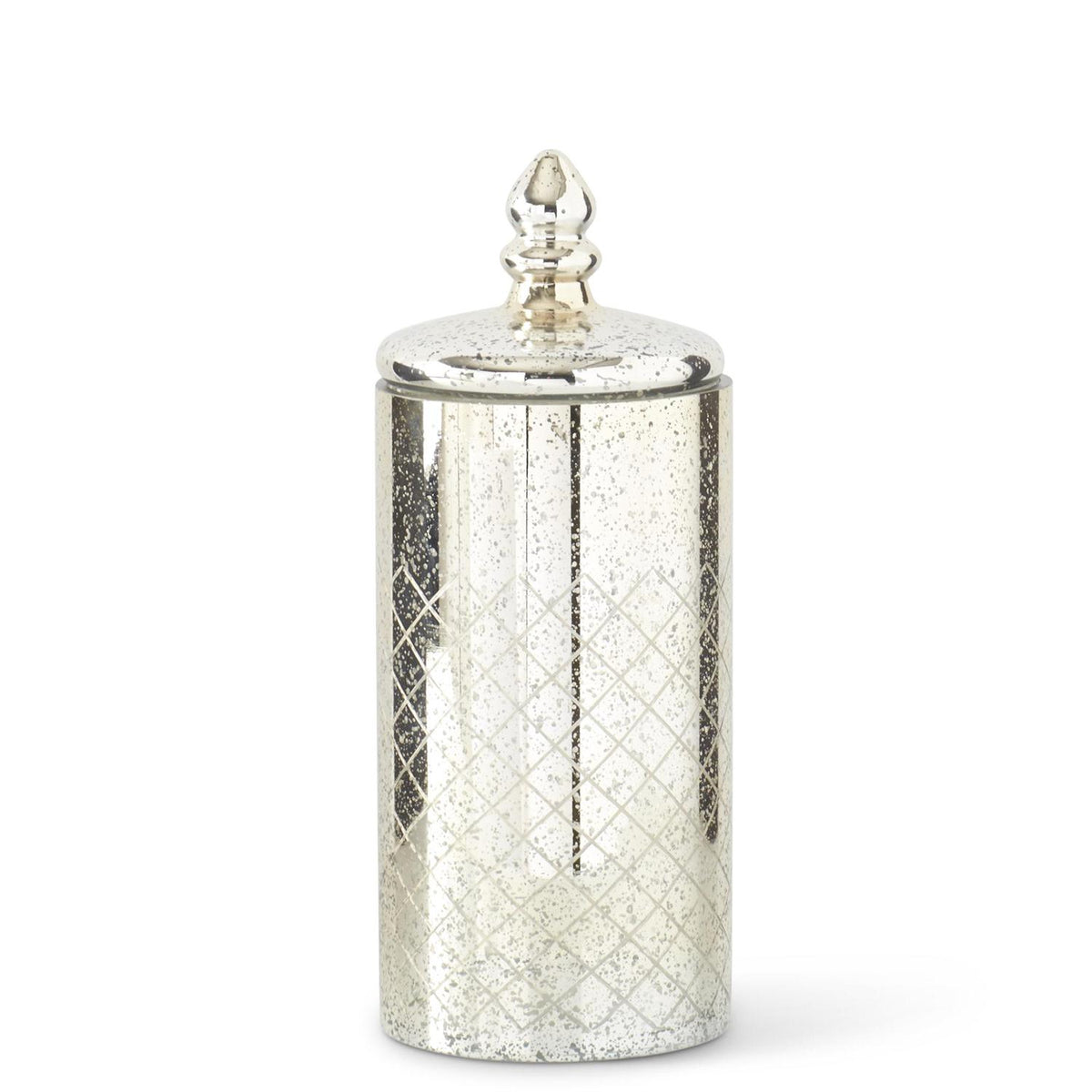 Mercury glass jar with lid featuring a reflective silver finish and vintage curved silhouette.