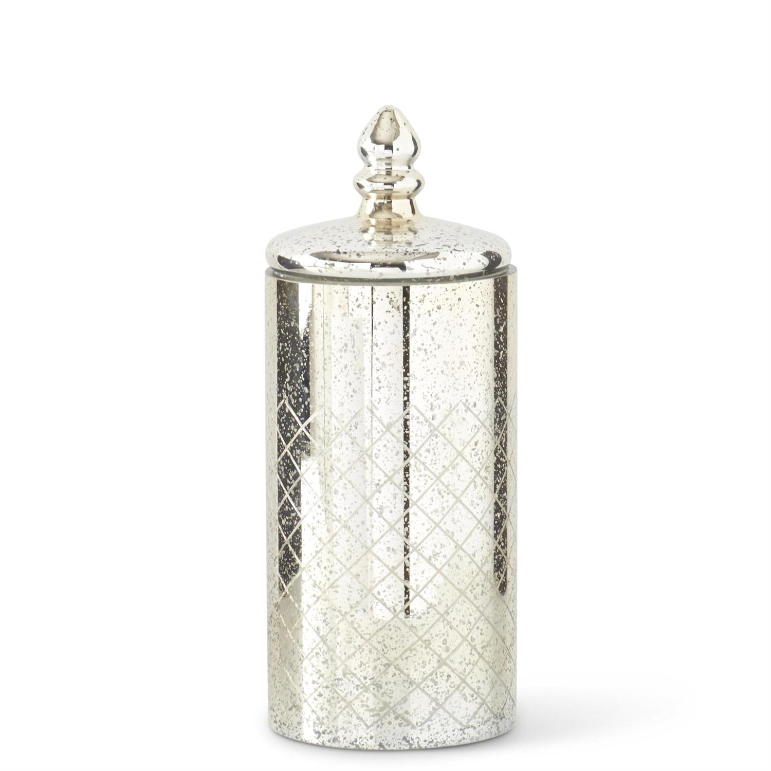 Mercury glass jar with lid featuring a reflective silver finish and vintage curved silhouette.