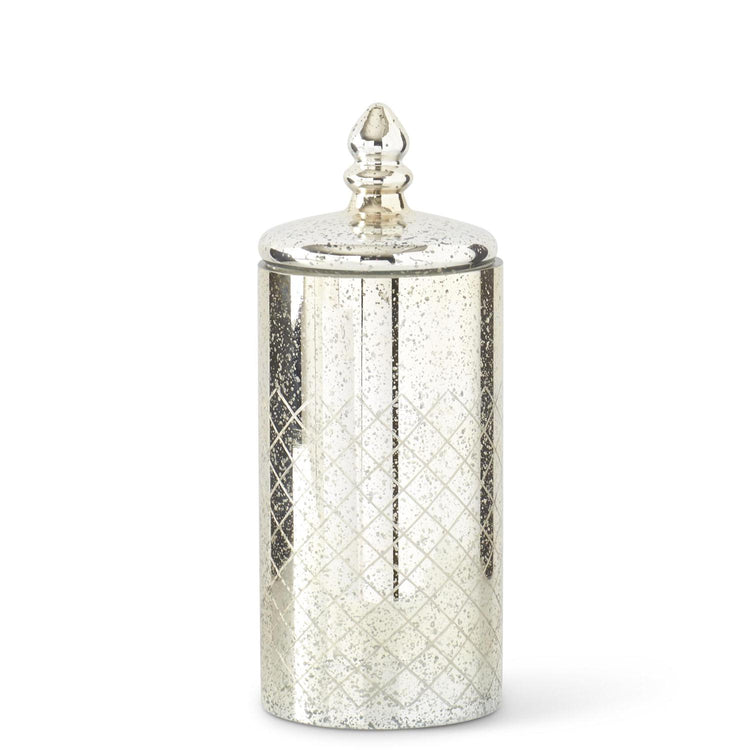Mercury glass jar with lid featuring a reflective silver finish and vintage curved silhouette.