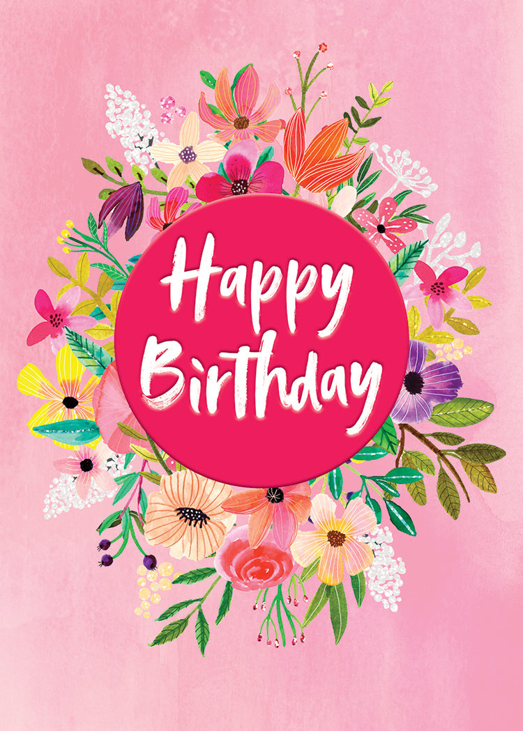 Red Spot Birthday Floral Greeting Card with pink, yellow, and orange flowers on a pink background.