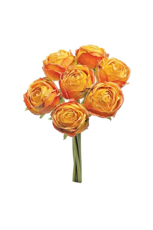 Vintage rose bundle with yellow-orange flowers in a clear glass vase