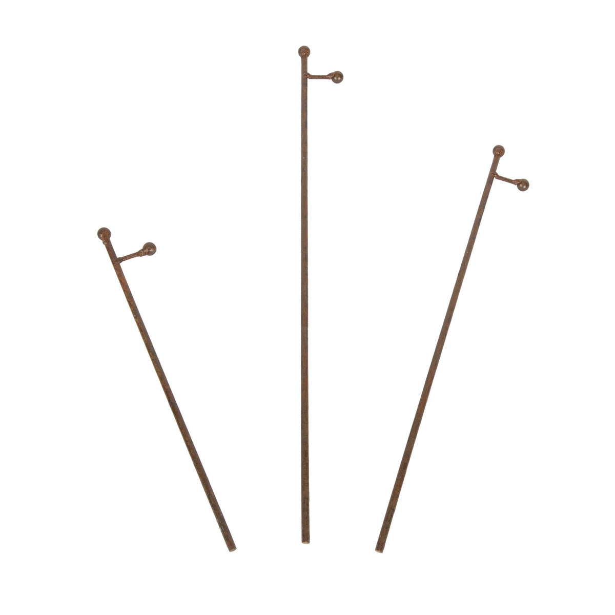 Rust-colored metal mini gallery display stake with a simple rectangular frame silhouette.