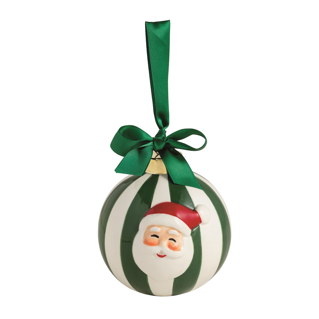 Whimsy Ball Ornament: Hand-painted ceramic Santa face on green and white striped ball with green bow.