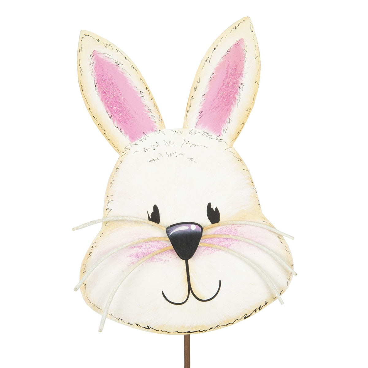 Hippity Hoppity Rabbit stake featuring a white rabbit with pink ears in an easel design.