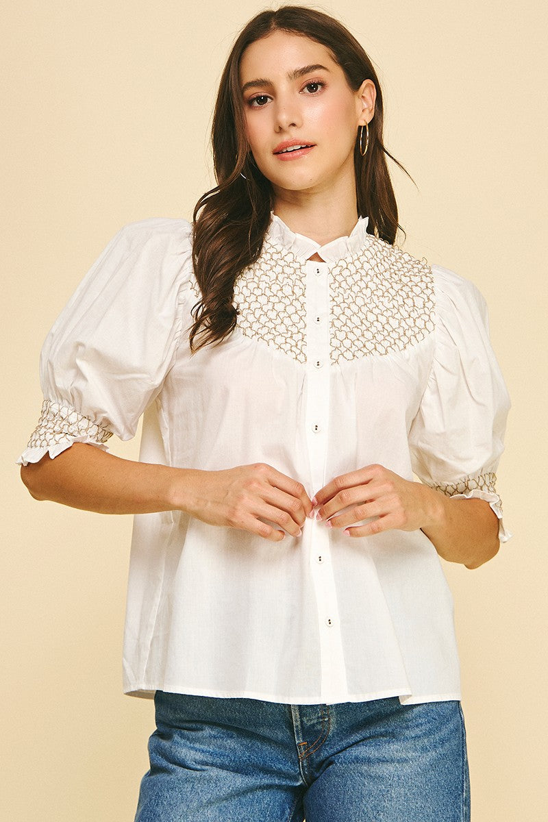 Camila Embroidered Button Down Blouse Top