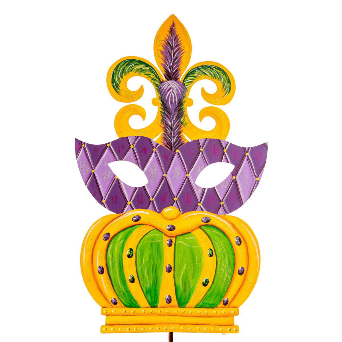 Mardi Gras topiary with green foliage on a stake stand