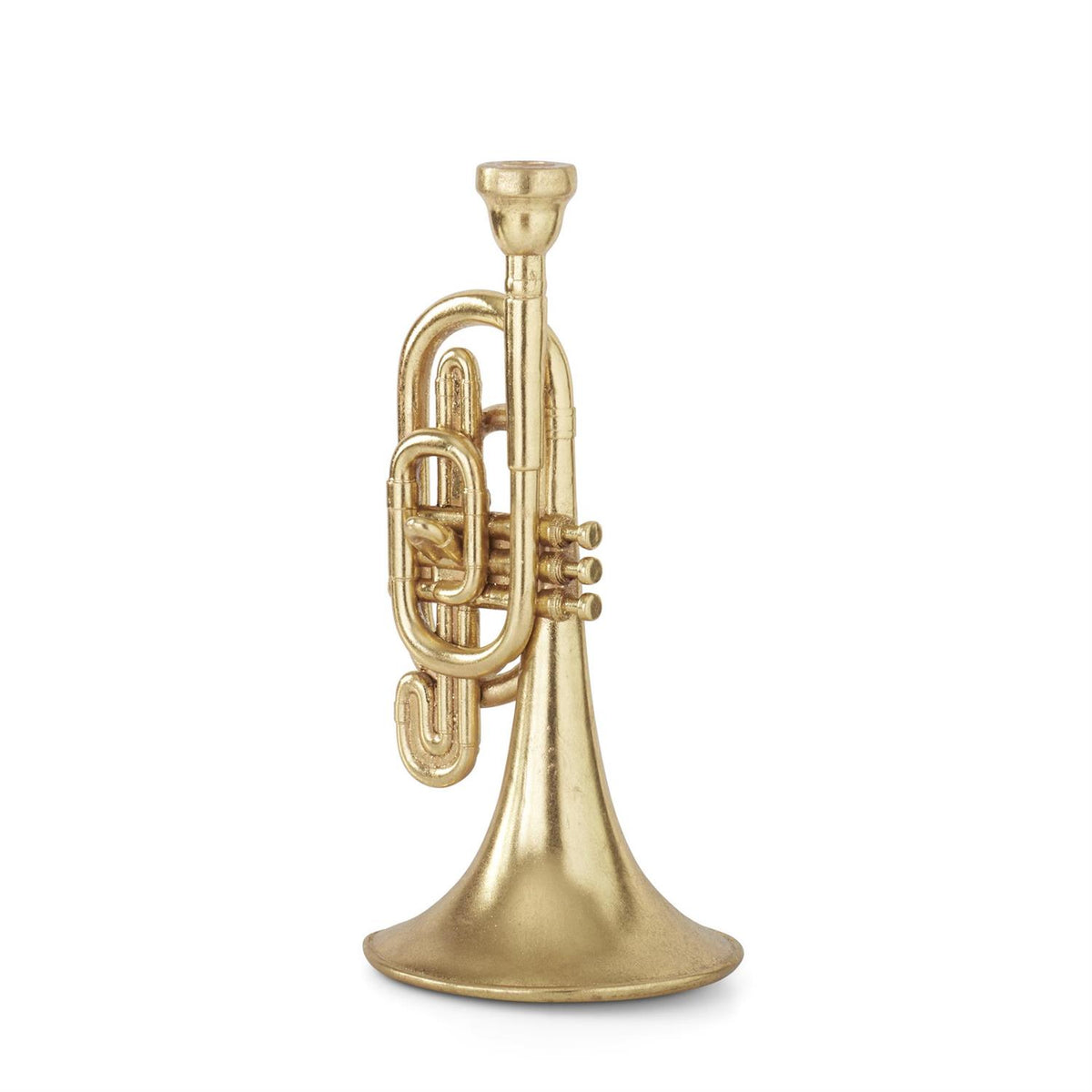Seventeen-inch gold foiled resin trumpet taper candleholder with tapered silhouette.