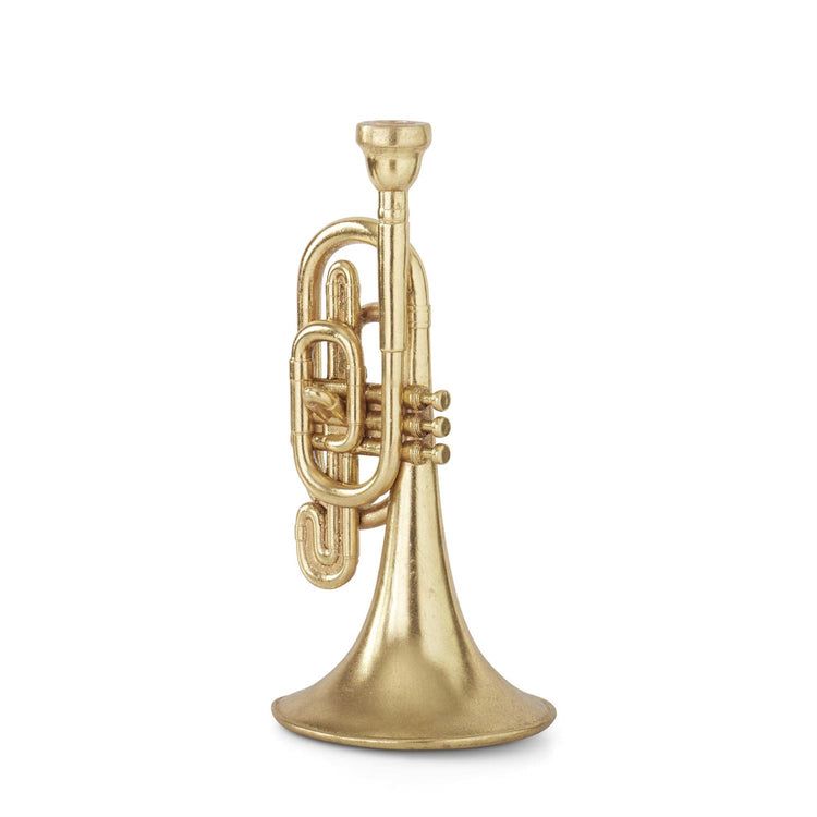 Seventeen-inch gold foiled resin trumpet taper candleholder with tapered silhouette.