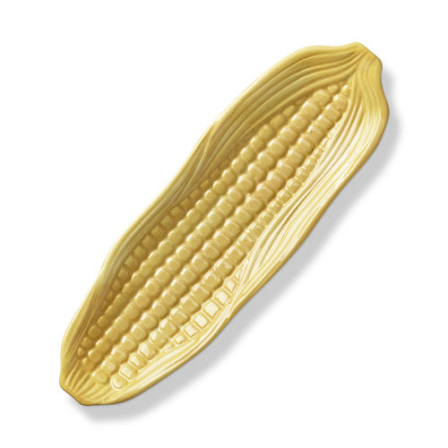 Yellow earthenware corn dish shaped like an ear of corn with kernel and husk details.