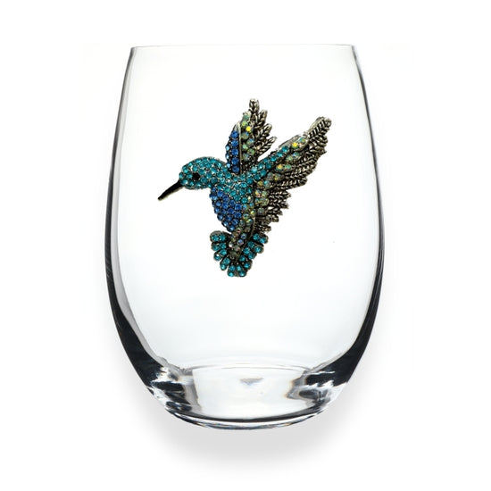 Handcrafted stemless wine glass with jeweled embellishments around the rim in clear crystal.