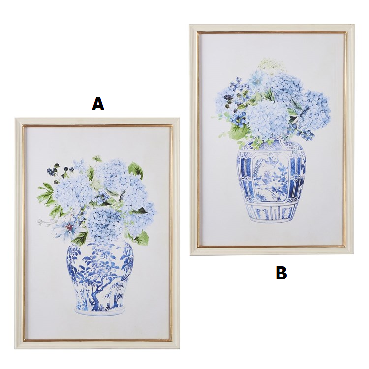 Wood frame print featuring blue hydrangeas in a vase against a white background.
