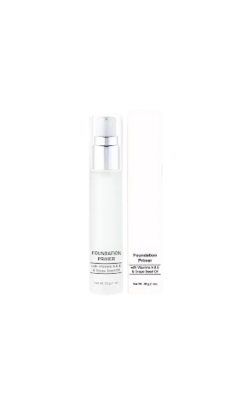 Foundation Primer bottle and box with Vitamins A, E, and Grape Seed Oil.