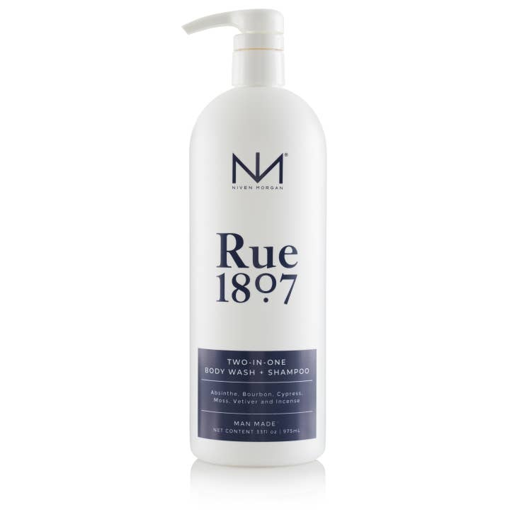Rue 1807 Two-in-One Body Wash and Shampoo XL in a white 33 fl oz pump bottle.