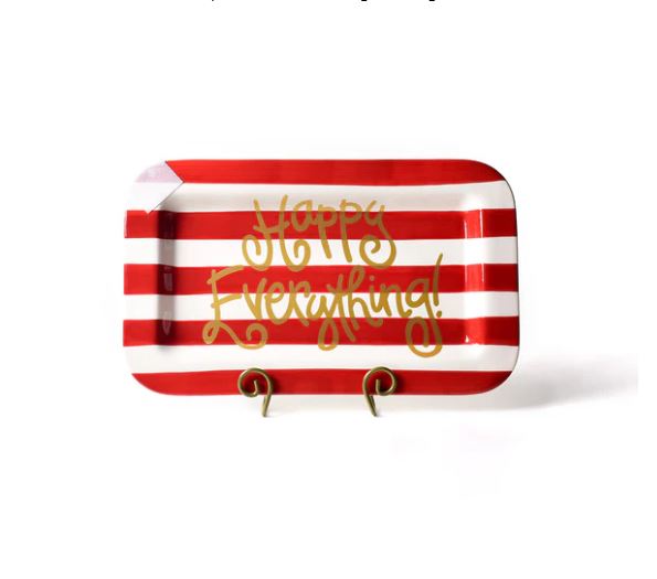 Red ceramic rectangular platter with a playful 'Happy Everything' text graphic.