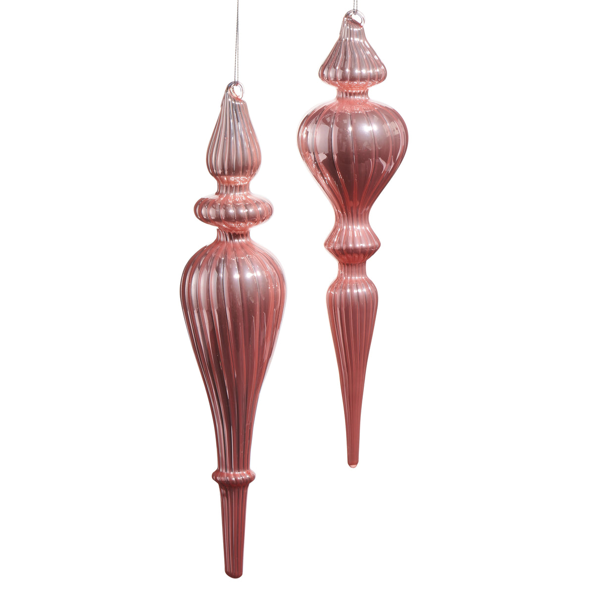 Two 11.75-inch pink glass finial ornaments with ribbed textures and elegant silhouettes.