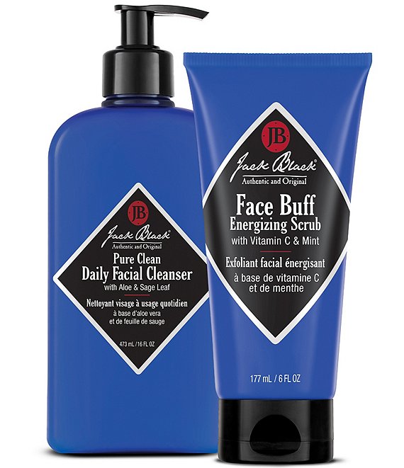 Jack Black Face Cleansing Essentials Set with 16 oz Daily Facial Cleanser and 6 oz Face Buff Scrub.