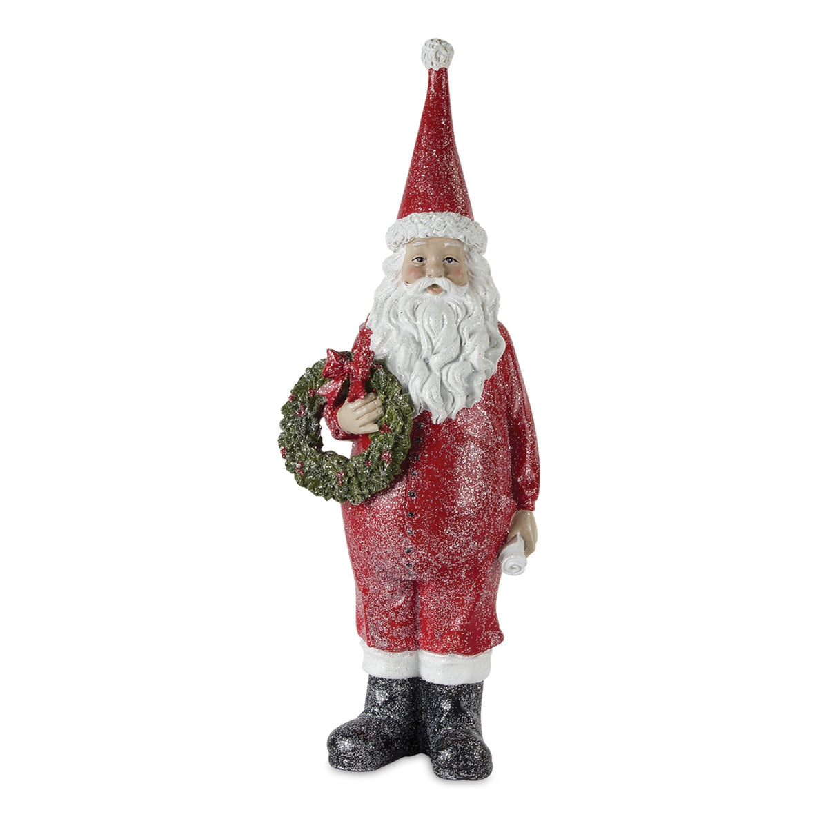Glittery red resin Santa figurine holding a green wreath with a red bow.