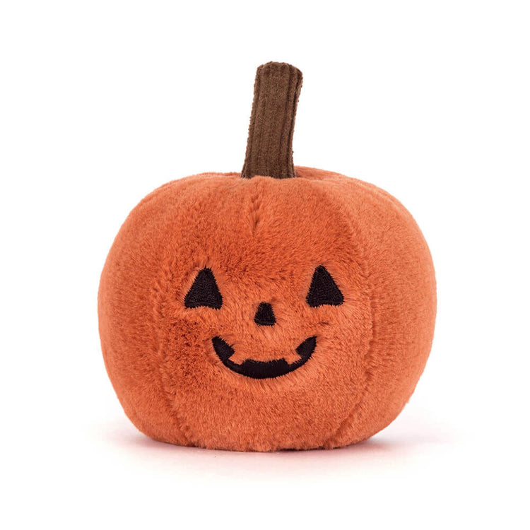 Small orange plush Ooky Jack O Lantern with a brown stem and a black embroidered smiling face.
