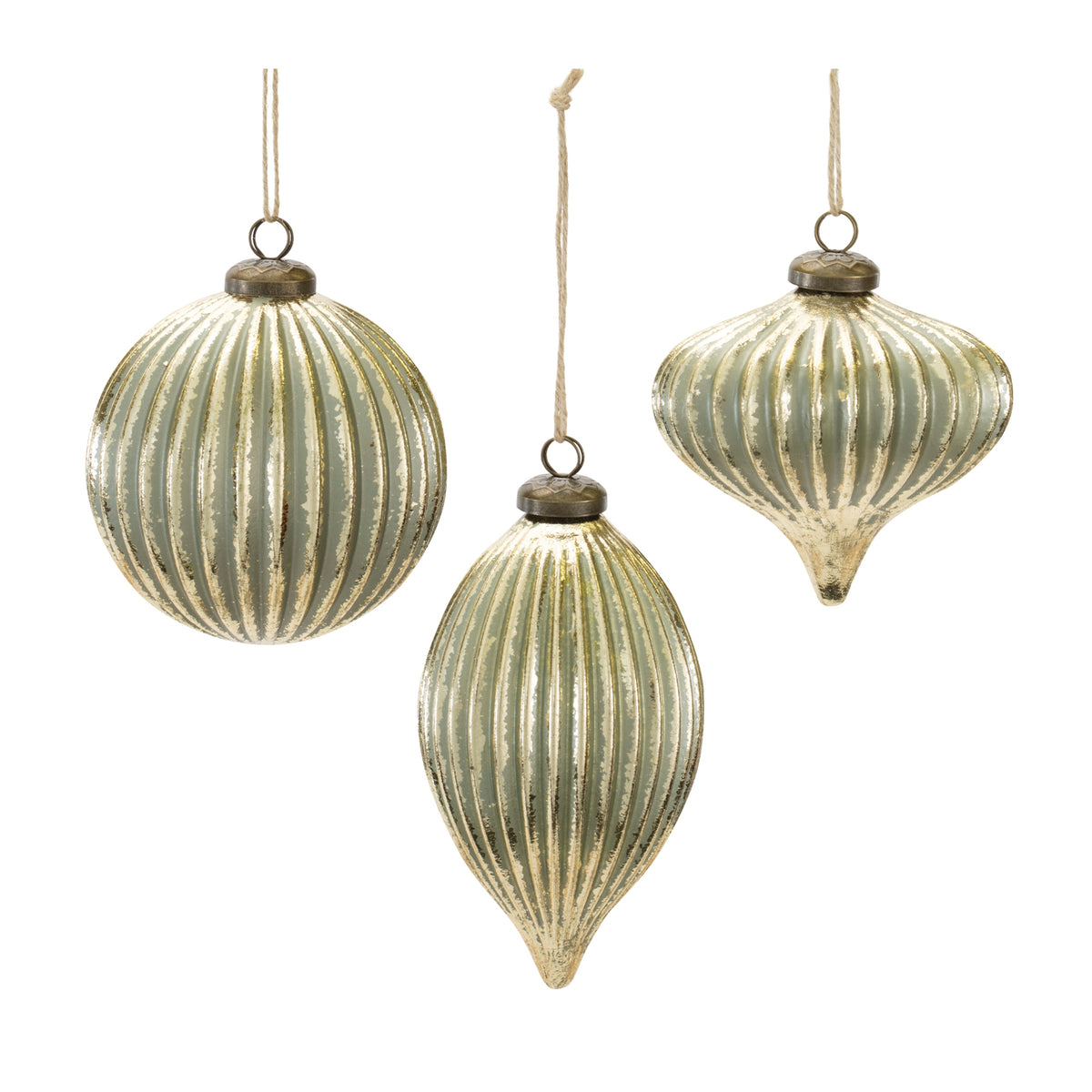 Three vintage-style sage green glass ornaments with ribbed detailing and gold accents.