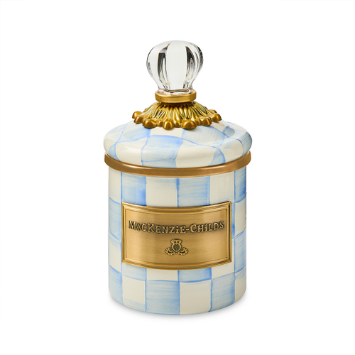 Hand-glazed steel mini canister with hand-painted sky blue checks pattern on a bronzed stainless steel rim.