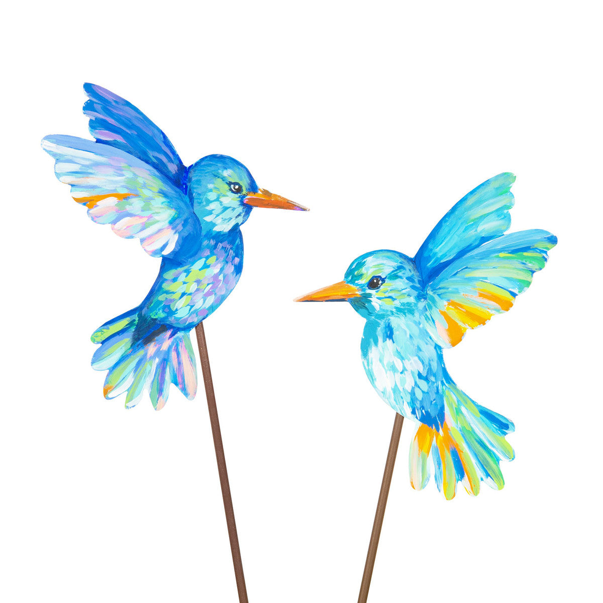 Artful Hummingbird metal stake with a natural wood finish.