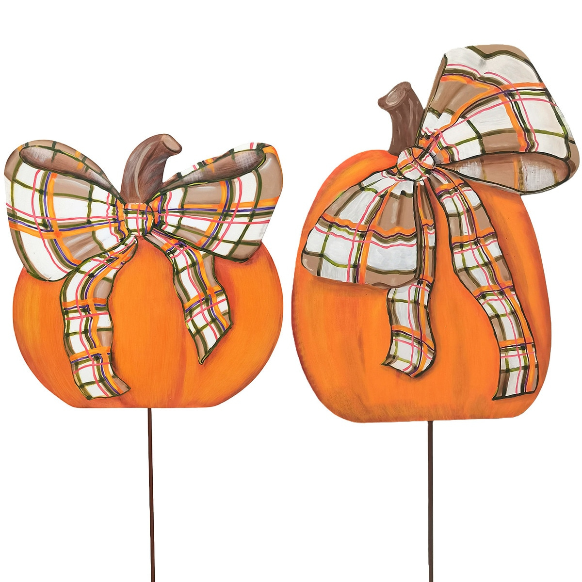 Two orange pumpkin garden stakes with colorful plaid bows, sold individually.