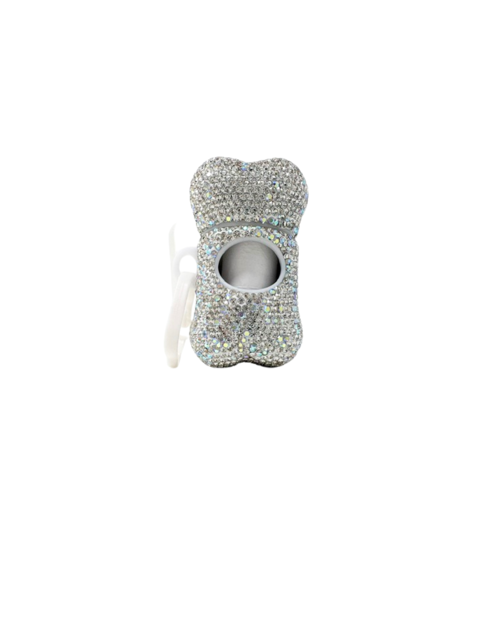 Bling dog bag dispenser in a bone shape covered in silver rhinestones with a white clip.
