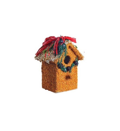 Red raffia birdhouse cottage treat with juniper, cranberries, millet, and a small wooden bird silhouette.