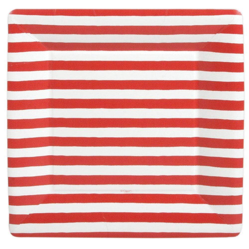 Pack of eight square paper dinner plates printed in the USA with water-based dyes.