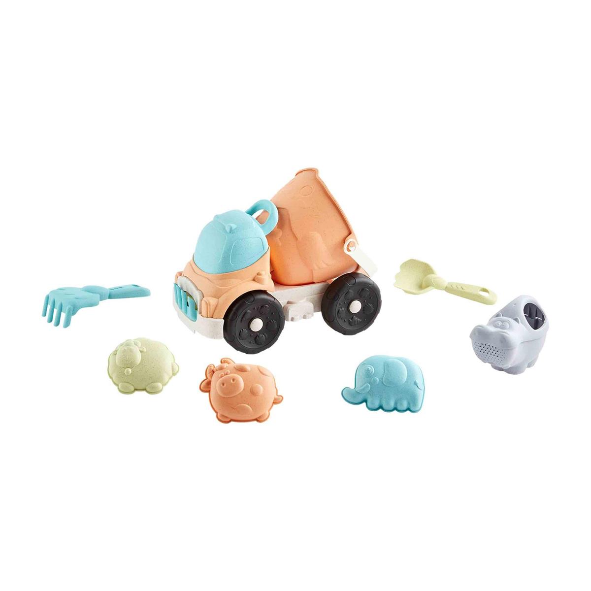 Plastic truck beach toy set with colorful wheels and cargo area.