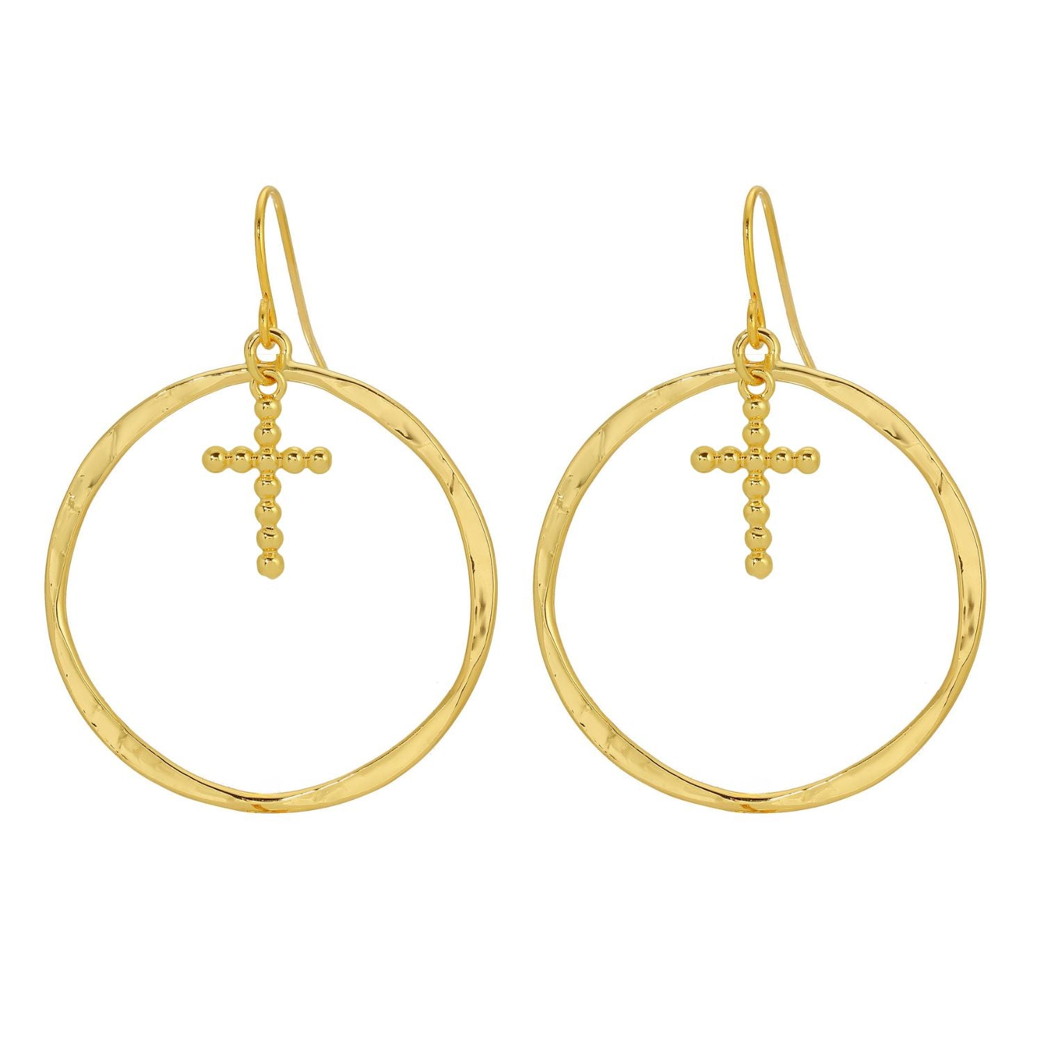 Gold plated open hoop drop earrings featuring a beaded cross charm hanging in the center.