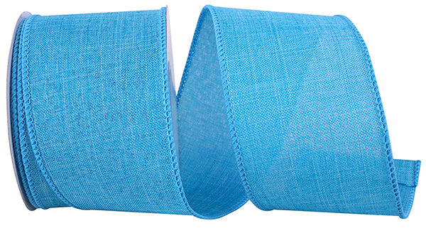 2-1/2 inch wide turquoise linen ribbon with stitched edges on a spool.