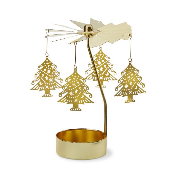 Gold Christmas tree carousel tealight holder with four hanging tree charms and a fan top.