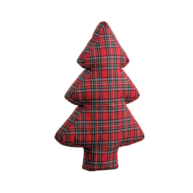 Red and green plaid Christmas tree shaped tabletop decoration with a soft, stuffed fabric finish.