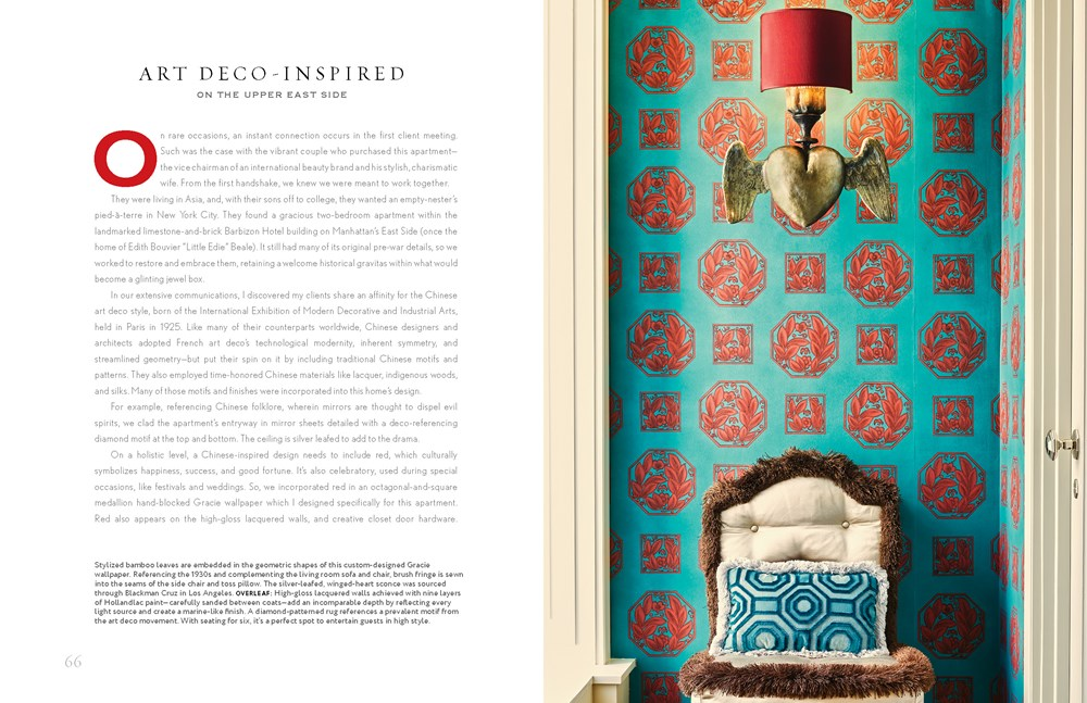 Interior design book spread featuring turquoise and red wallpaper with a winged heart wall sconce.
